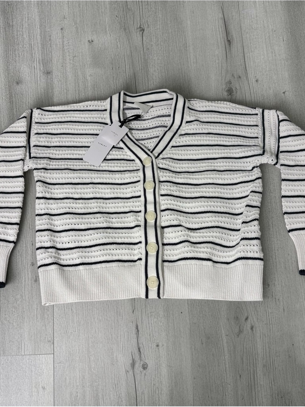 Varley NWT Antonia Relaxed Eyelet Cardigan White Blue Size Medium MSRP $138